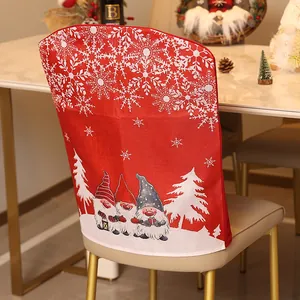 Christmas chair cover with cartoon forest gnomes and snowflake prints for holiday decor.