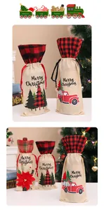 Sacchetti regalo per vino natalizi in juta con bordo a quadri e decori
