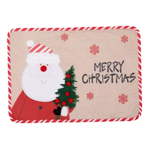 Feestelijke kerstplacemat van jute met cartoon Kerstman en Merry Christmas bedrukking