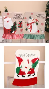 Detail view of decorative Christmas chair covers featuring Santa, Snowman, and Gnomes.
