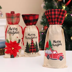 Copribottiglia di Vino di Natale in Iuta Borsa Regalo con Coulisse a Quadretti Rossi Albero di Natale Camion Decorazione