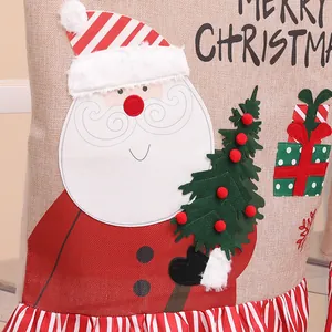 Festive Christmas chair cover featuring a cute Santa Claus and burlap fabric texture.