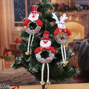 Christmas Tree Hanging Ornaments Cartoon Santa Snowman Reindeer Wreath With Gold Bells Long Legs Festive Decor