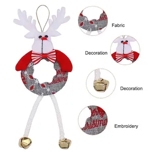 Plush reindeer Christmas wreath ornament with bells and embroidery for tree decor