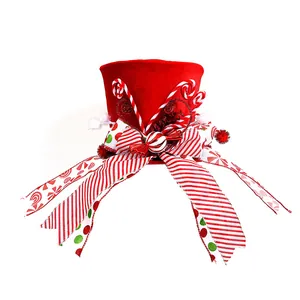 Festive red Christmas tree top hat with candy canes and striped ribbons decoration