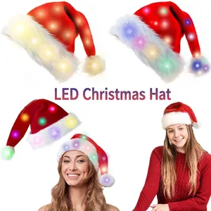 LED Glowing Santa Hat Long Plush Christmas Hat Red White Festive Holiday Party Decoration Costume Hat For Adult Kids