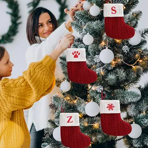 Christmas Cable Knit Stocking With Initial Red Alphabet Letter Embroidery Holiday Tree Hanging Decoration Snowflake Paw Pattern