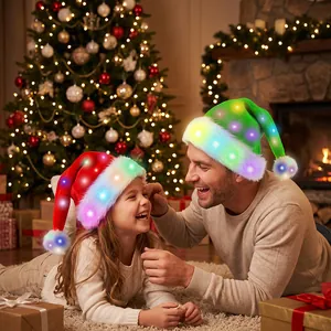 Plush LED Christmas hats worn by adult and child in festive holiday setting