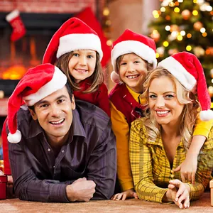 Felice famiglia di quattro persone che indossa cappelli di Babbo Natale in morbido peluche