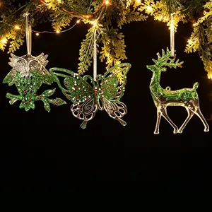 Adornos Colgantes de Navidad de Acrílico Verde Transparente Alce Copo de Nieve Árbol de Navidad para Decoración de Fiesta