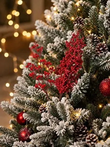 Detaillierte Nahaufnahme roter künstlicher Weihnachtsbeeren auf einem verschneiten Tannenzweig