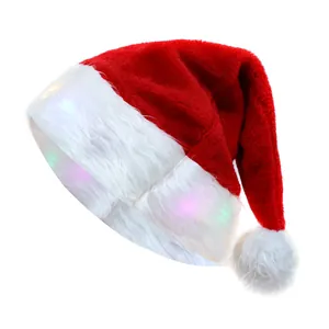 Gorro de Papá Noel de felpa roja y blanca con luces LED de colores para fiestas.