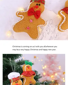 Detalle de adorables adornos de peluche de hombre de jengibre para árbol de Navidad.