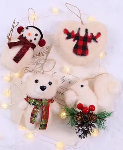 Detailed close-up view of white plush Christmas ornaments including snowman and bear