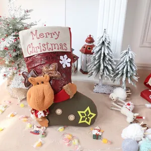 Grote 3D kerstsok met pluche eland en feestelijk ontwerp van kunstleer voor kerstcadeaus en snoep