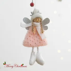 Adorable plush Christmas angel hanging ornament with pink fuzzy dress and silver wings