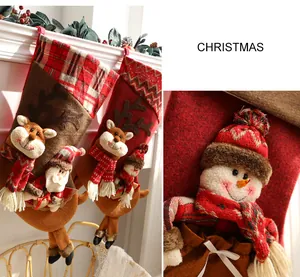 High quality close-up of festive plush snowman Christmas stocking with 3D character