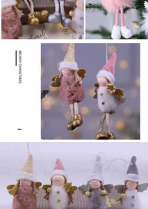 Vista detallada de adornos de ángeles de peluche hechos a mano para Navidad en rosa