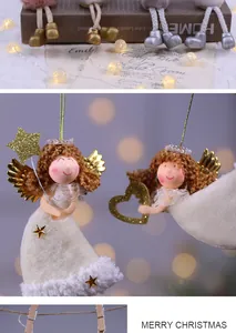 Primer plano detallado de adornos de ángeles de Navidad de felpa con alas doradas