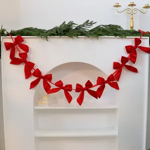 Red Flocking Velvet Christmas Bow Garland 180cm Long Ribbon Bowknot String For Christmas Tree Window Fireplace Decor