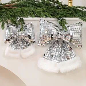 Silver mirror mosaic Christmas bow hanging ornament with plush trim for holiday decor