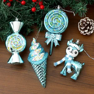 Festive light blue electroplated Christmas tree ornaments set with candy and reindeer shapes