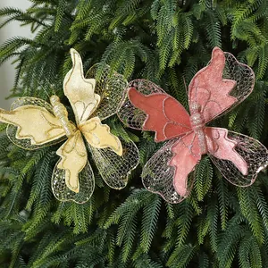 Glitter fabric Christmas butterfly decorations for DIY tree ornaments, gold and pink.