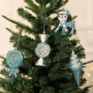 Festive light blue electroplated candy and reindeer Christmas tree ornaments set