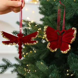 Red velvet flocked butterfly and dragonfly Christmas ornaments with gold sequins for tree