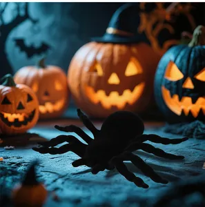 Vue détaillée d'une araignée en peluche noire pour décor d'Halloween et farces