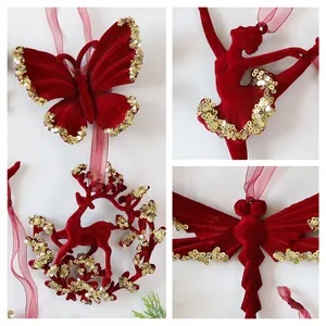 Luxury red flocked Christmas ornaments with gold sequins in butterfly and reindeer shapes