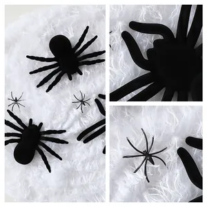 Araignées réalistes en peluche noire sur fond de toile blanche pour décorations d'Halloween