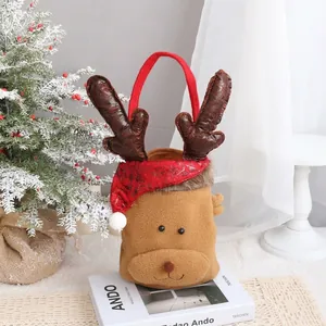 Linda bolsa de regalo de Navidad de peluche de reno con asa roja para dulces niños