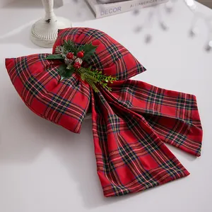 Large Christmas Bow Hanging Ornaments Plaid Velvet Sequin Bowknot With Bell For Christmas Tree Topper Hotel Window Decoration