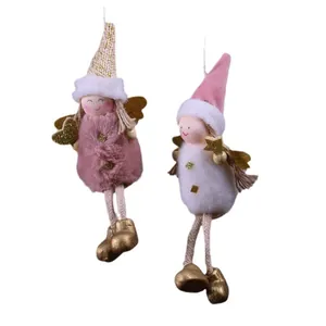 Zwei süße Plüsch-Weihnachtsengel mit Glitzerflügeln und Hüten im Set aus Rosa und Weiß.