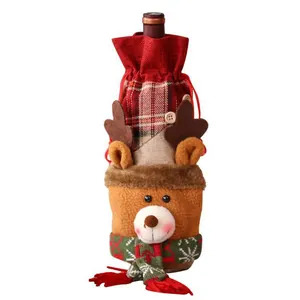 Funda festiva de reno para botella de vino de Navidad con cordón de cuadros rojos