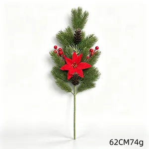 Artificial Poinsettia Christmas Pine Needle Stem With Red Berries Pine Cones Frosted Holiday Floral Stems For Christmas Tree Decor Party Table Centerpiece Home Office Decoration
