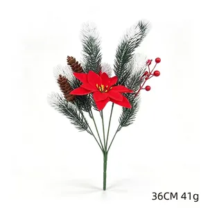 Detail of 36cm artificial Christmas poinsettia bouquet with pine needles and berries