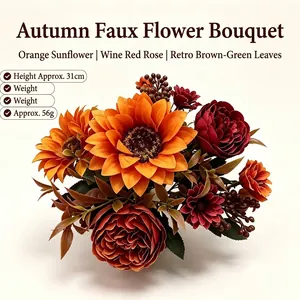 Bouquet Autunnale Artificiale di Girasoli e Peonie Decorazione di Halloween Composizione Floreale in Seta Vintage per Casa Soggiorno Matrimonio