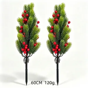 Detailed view of 60cm artificial Christmas pine stakes with red berries for outdoor decor