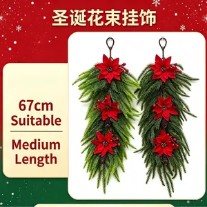 Guirlande de Noël Artificielle en Pin de Norfolk et Poinsettia Ornement Suspendu Avec Pommes de Pin Naturelles et Baies Rouges Décoration d'Hiver