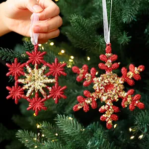 Christmas Red Glitter Sequins Hanging Ornaments Glitter Snowflake Reindeer Ballet Girl Bow Xmas Tree Party Decor Accessories