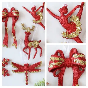 Red glitter acrylic Christmas ornaments with gold sequins for festive tree decoration