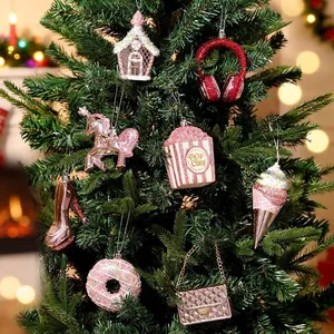 Electroplated Christmas Tree Hanging Ornaments Pink Red PVC Glitter Mitten Fox Donut Unicorn High Heels Party Decor