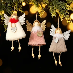 Beautiful set of three plush Christmas angel ornaments with glitter wings and heart charms