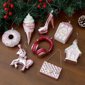 Pink electroplated glitter Christmas ornaments in various fun shapes for festive party decor