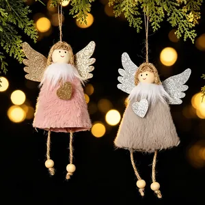 Pair of plush Christmas angel hanging ornaments with glittery heart wings for holiday decor
