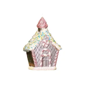 Pink electroplated gingerbread house Christmas tree ornament with sparkly glitter details