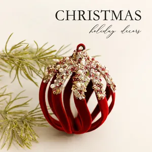 Elegant red flocked Christmas ornament ball with pearl and sequin details for holiday decor.