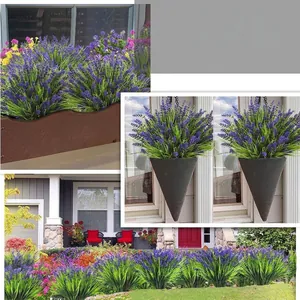 Artificial lavender plants displayed in outdoor garden and hanging planters
